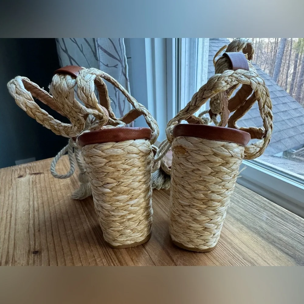 MIA Gigi Size 10 Raffia Braided Lace Up Block Heel Boho Sandals Tan
